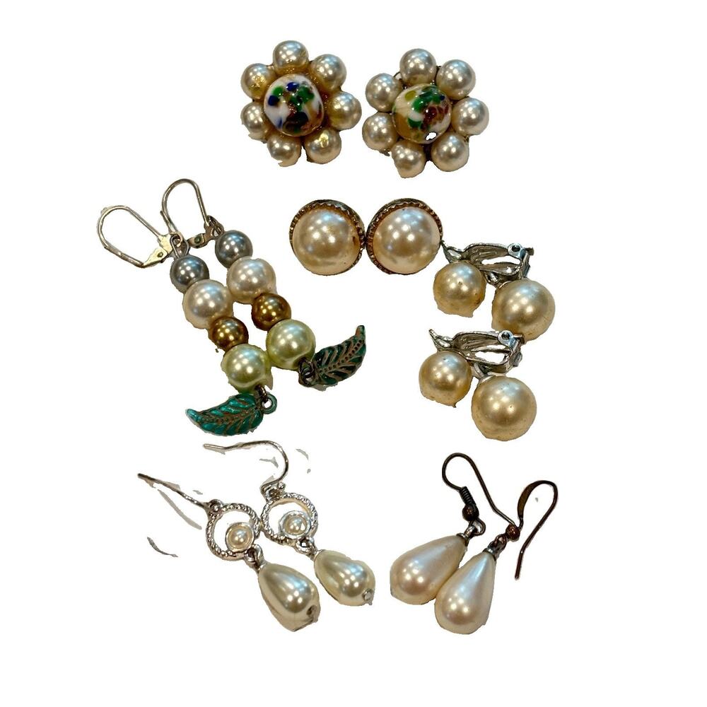 Lot of 6 Vintage Faux Pearl Rhinestone Floral Leaf Dangle Post Clip On Wire